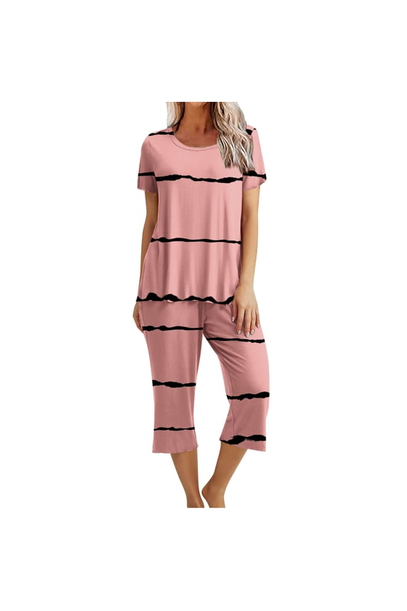 Dyegold Pajama Sets For Women Soft 2 Pieces Outfit Short Sleeve Round Neck Tops Shirts Capris Pant Loungewear Lounge Pjs Set