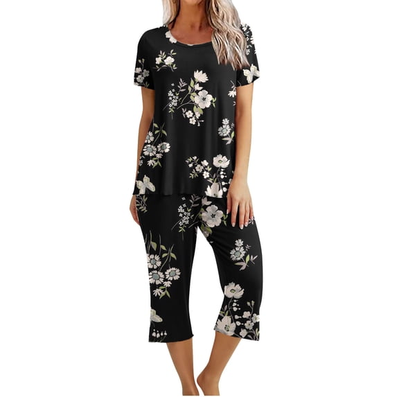 Dyegold Pajama Sets For Women Soft 2 Pieces Outfit Short Sleeve Round Neck Tops Shirts Capris Pant Loungewear Lounge Pjs Set