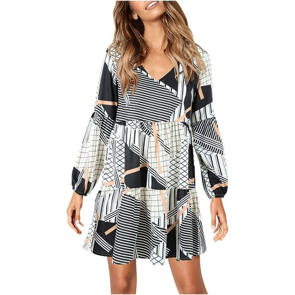 Dyegold Shift Dress For Women Long Sleeve Ruffle Hem Tunic Dresses 2023 Fall Casual Loose V Neck Short Mini Swing Dresses