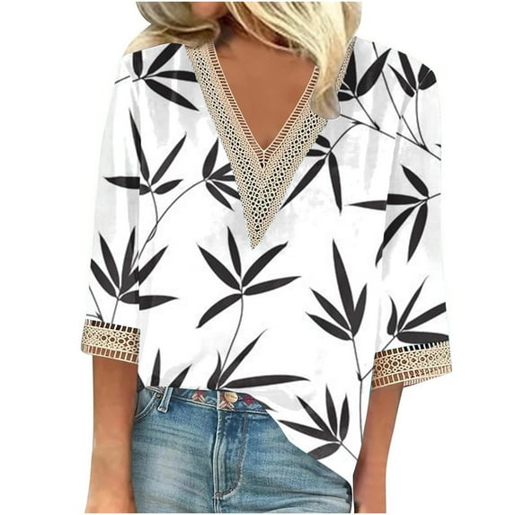 Dyegold Plus Size Tops For Women Floral Print Lace Trim V Neck 3/4 Sleeve Shirts Dressy Casual Loose Fit Blouses Vintage Tee