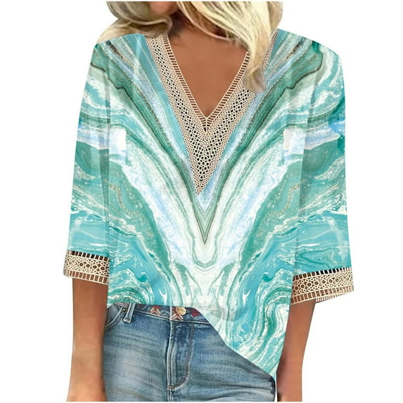 Dyegold Plus Size Tops For Women Floral Print Lace Trim V Neck 3/4 Sleeve Shirts Dressy Casual Loose Fit Blouses Vintage Tee