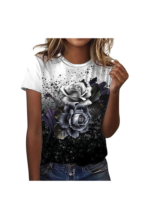 Printed T Shirts For Women Short Sleeve Round Neck Vintage Graphic Tee Shirts Summer Casual Loose Fit Tops Blouses