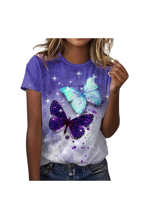 Dyegold Printed T Shirts For Women Short Sleeve Round Neck Vintage Graphic Tee Shirts Summer Casual Loose Fit Tops Blouses