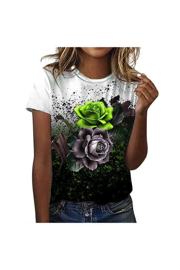 Dyegold Printed T Shirts For Women Short Sleeve Round Neck Vintage Graphic Tee Shirts Summer Casual Loose Fit Tops Blouses