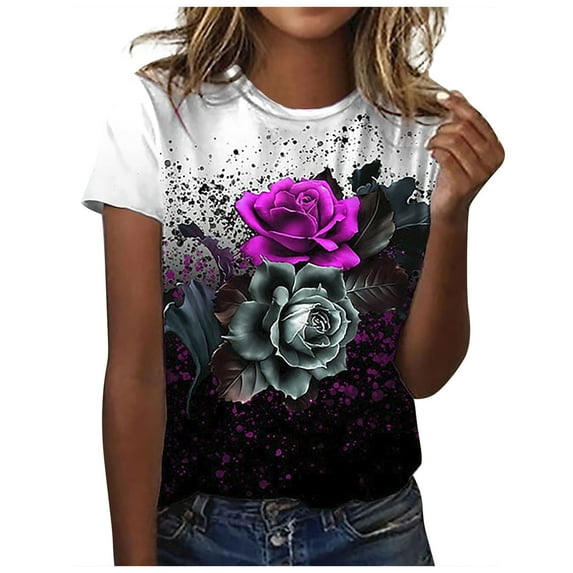 Dyegold Printed T Shirts For Women Short Sleeve Round Neck Vintage Graphic Tee Shirts Summer Casual Loose Fit Tops Blouses