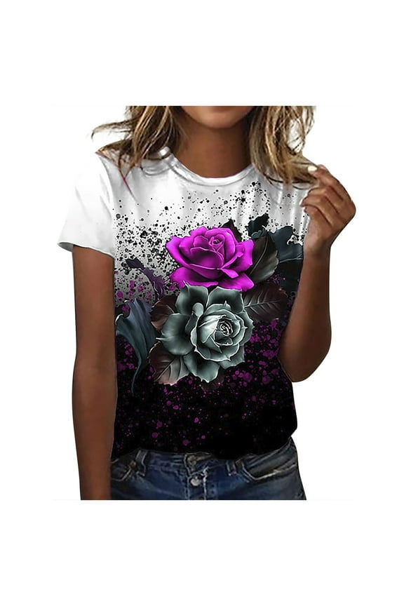 Dyegold Printed T Shirts For Women Short Sleeve Round Neck Vintage Graphic Tee Shirts Summer Casual Loose Fit Tops Blouses