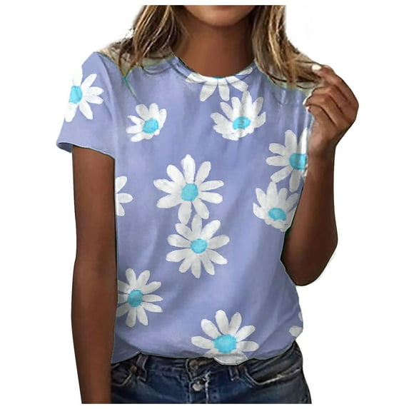 Dyegold Printed T Shirts For Women Short Sleeve Round Neck Vintage Graphic Tee Shirts Summer Casual Loose Fit Tops Blouses