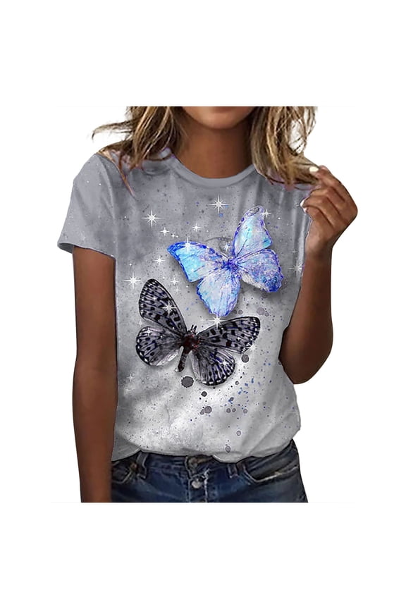 Dyegold Printed T Shirts For Women Short Sleeve Round Neck Vintage Graphic Tee Shirts Summer Casual Loose Fit Tops Blouses