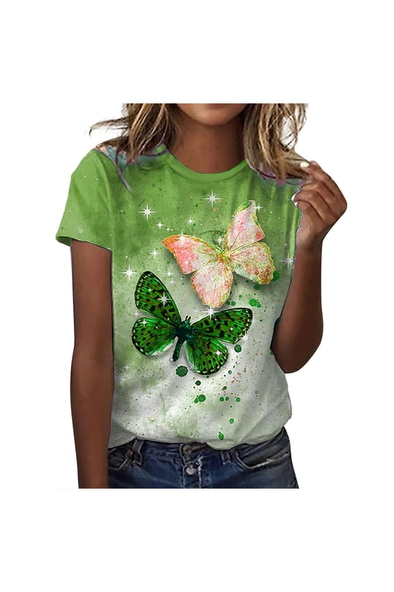 Dyegold Printed T Shirts For Women Short Sleeve Round Neck Vintage Graphic Tee Shirts Summer Casual Loose Fit Tops Blouses