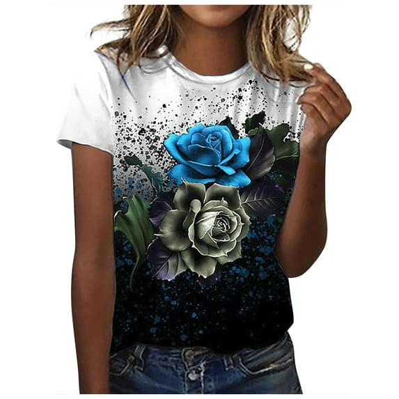 Dyegold Printed T Shirts For Women Short Sleeve Round Neck Vintage Graphic Tee Shirts Summer Casual Loose Fit Tops Blouses