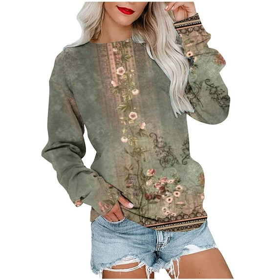 Dyegold Pullover Sweaters For Women Fall Fashion 2023 Vintage Floral Print Western Tops Shirts Casual Loose Teen Sweatshirts