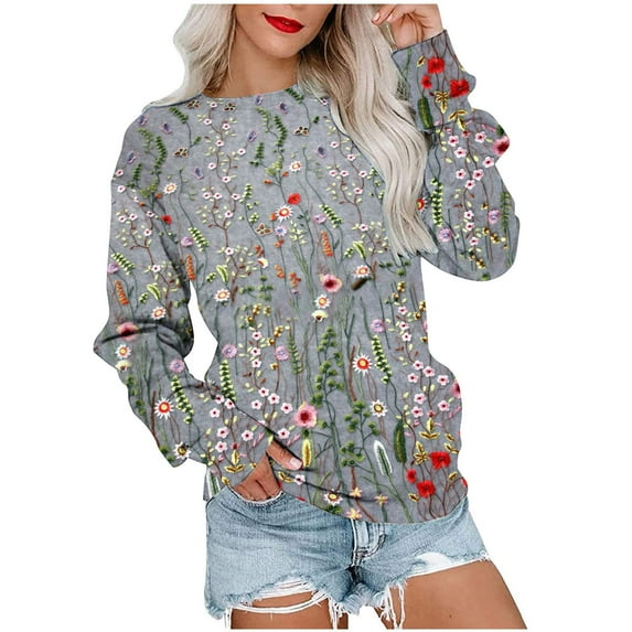 Dyegold Pullover Sweaters For Women Fall Fashion 2023 Vintage Floral Print Western Tops Shirts Casual Loose Teen Sweatshirts