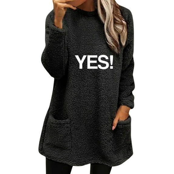 Dyegold Sherpa Lined Sweatshirt Women Flash Deals Fleece Crewneck Fuzzy Sweatshirt YES Letter Print Casual Winter Warm Shirts Fluffy Graphic Ladies Sweater Cozy Tops Teen Girls Loungewear