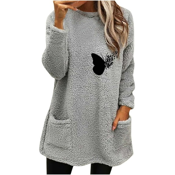 Dyegold Sherpa Lined Sweatshirt Women My Orders Fleece Fluffy Loungewear Butterfly Print Crewneck Casual Winter Warm Tops Ladies Graphic Fuzzy Sweater Fall Sweatshirt Shirts Teen Girls Pullovers