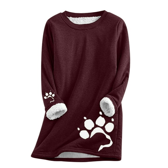 Dyegold Sherpa Pullover Womens Warm Long Sleeve Thermal Fuzzy Thick Sweatshirt Teen Girls Fluffy Sherpa Lined Tops Winter Loungewear Casual Cute Pullover Ladies Dog Paw Print Shirts Undershirt