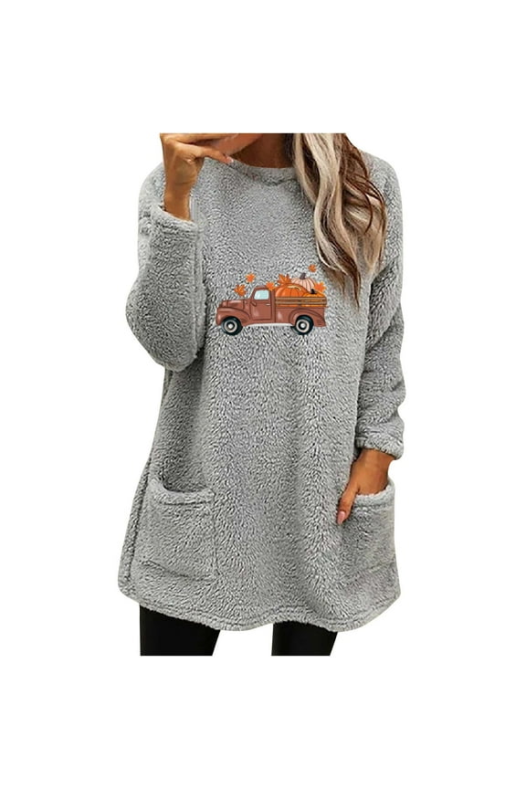 Dyegold Sherpa Pullover Womens Weekly Fuzzy Crewneck Ladies Cute Hoodie Graphic Fluffy Pumpkin Truck Print Shirts Casual Teen Girls Sweater Fleece Loungewear Winter Warm Pullovers Sweatshirt