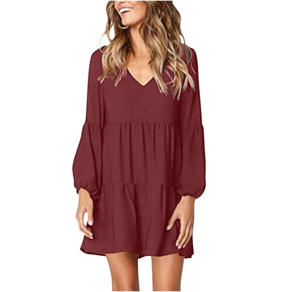 Dyegold Shift Dress For Women Long Sleeve Ruffle Hem Tunic Dresses 2023 Fall Casual Loose V Neck Short Mini Swing Dresses