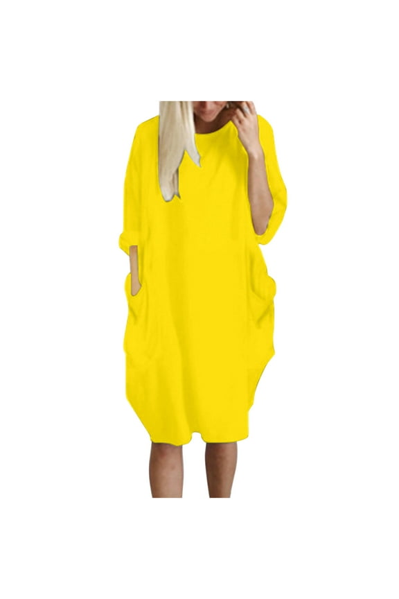 Shirt Dresses For Women Plus Size Long Sleeve Round Neck Solid Color Tshirt Dress With Pocket Casual Loose Long Tops