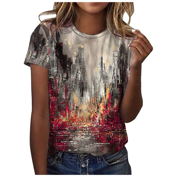 Dyegold Short Sleeve Shirts For Women Summer Casual Loose Printed Graphic Tee Shirts Vintage Plus Size Crewneck Blouses Tops