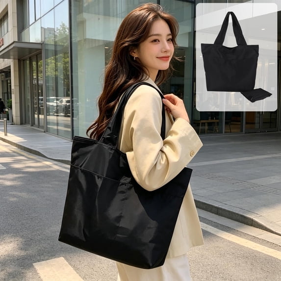 Dyegold Solid Color Foldable Nylon Shoulder Tote Bag with Zipper Closure and Large Capacity for Travel Work Shopping