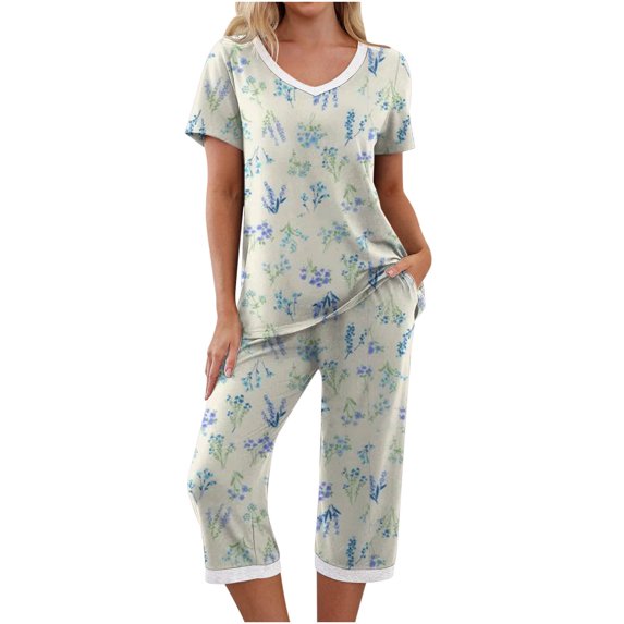 Dyegold Summer Capris Pj Sets For Women Short Sleeve 2 Piece Pjs V Neck Lounge Sets Tops Capri Pants With Pockets Loungewear
