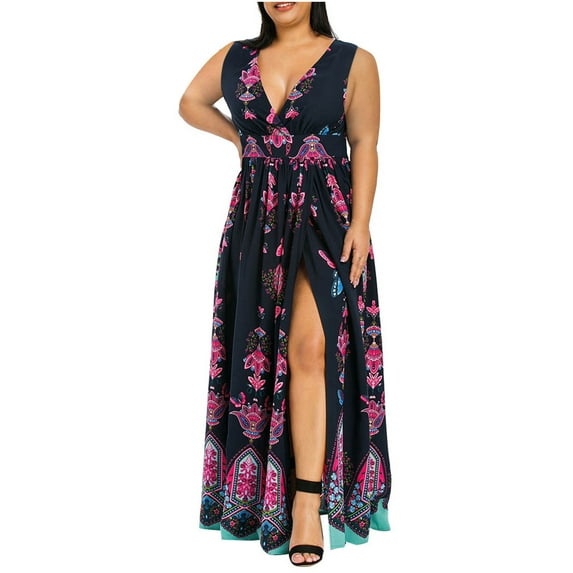 Dyegold Summer Dresses for Women 2023, Women Plus Size Maxi Dresses Floral Printed Empire Waist V Neck Short Sleeve Summer Casual Flowy Long Dress Boho Maxi Dress