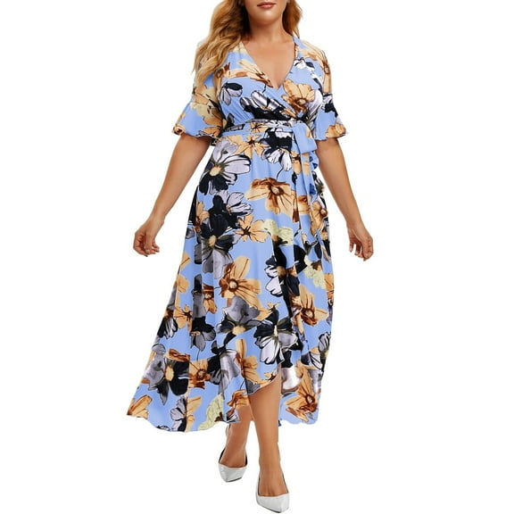 Dyegold Summer Dresses for Women 2023, Women Plus Size Maxi Dresses Floral Printed Empire Waist V Neck Short Sleeve Summer Casual Flowy Long Dress Boho Maxi Dress