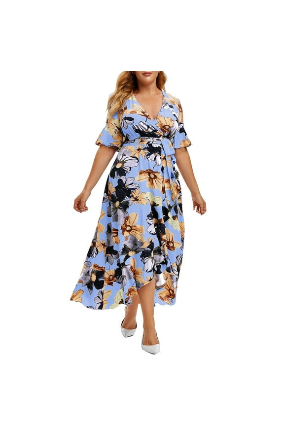 Dyegold Summer Dresses for Women 2023, Women Plus Size Maxi Dresses Floral Printed Empire Waist V Neck Short Sleeve Summer Casual Flowy Long Dress Boho Maxi Dress