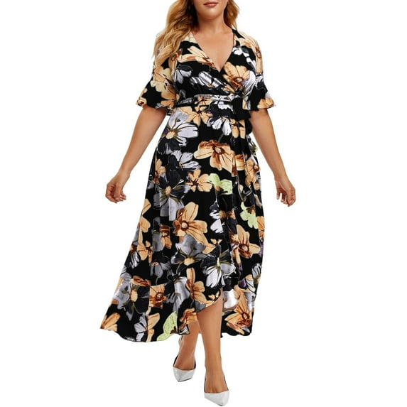 Dyegold Summer Dresses for Women 2023, Women Plus Size Maxi Dresses Floral Printed Empire Waist V Neck Short Sleeve Summer Casual Flowy Long Dress Boho Maxi Dress