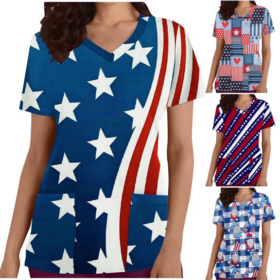 Dyegold Summer Tops for Women 2023, American Flag Scrub Tops Women 4th July Patriotic Shirt Stars Stripes Short Sleeve Work Uniform Nursing Top Tees Blouse