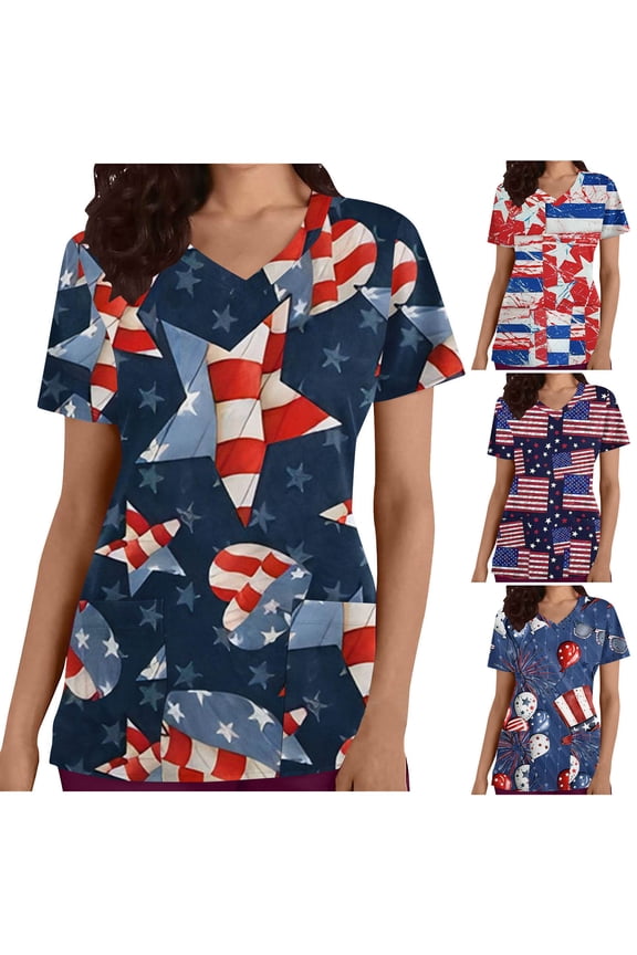 Dyegold Summer Tops for Women 2023, American Flag Scrub Tops Women 4th July Patriotic Shirt Stars Stripes Short Sleeve Work Uniform Nursing Top Tees Blouse