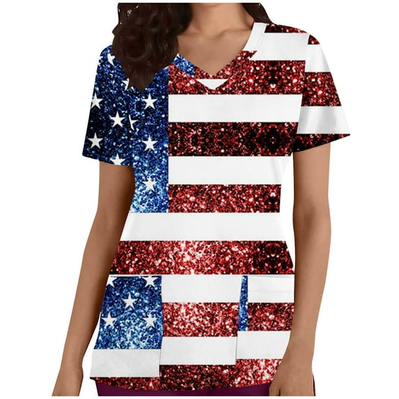 Dyegold Summer Tops for Women 2023, American Flag Scrub Tops Women 4th July Patriotic Shirt Stars Stripes Short Sleeve Work Uniform Nursing Top Tees Blouse