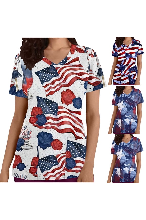 Dyegold Summer Tops for Women 2023, American Flag Scrub Tops Women 4th July Patriotic Shirt Stars Stripes Short Sleeve Work Uniform Nursing Top Tees Blouse