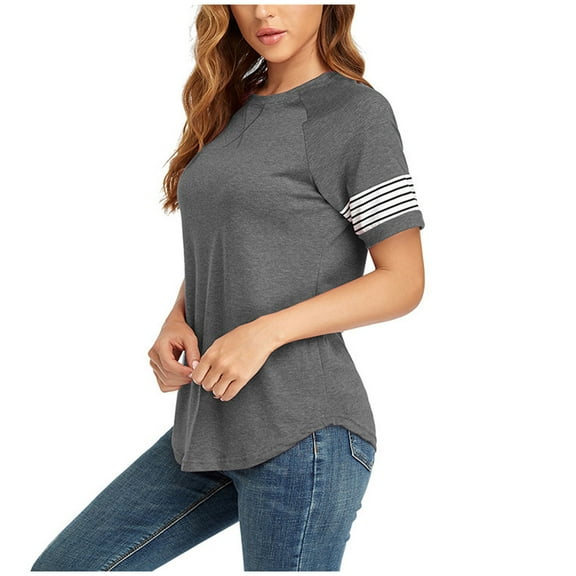 Dyegold Summer Tops for Women 2023, Blouses for Women Dressy Casual Summer Striped Color Block ​Cute Flowy Tops Tunics Round Neck Short Sleeve Henley Shirt