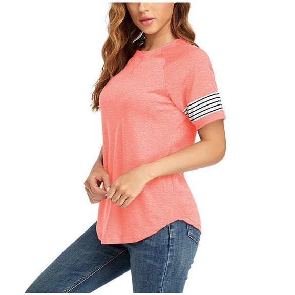 Dyegold Summer Tops for Women 2023, Blouses for Women Dressy Casual Summer Striped Color Block ​Cute Flowy Tops Tunics Round Neck Short Sleeve Henley Shirt