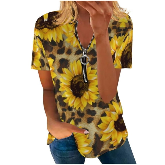 Dyegold Summer Tops for Women 2023, Cute Sunflower Print Tops for Women Trendy Going Out Loose Tops Casual Comfy Short Sleeve Tshirt Half V-Neck ​Blouses