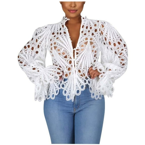 Dyegold Summer Tops for Women 2023, Lace Crochet Blouses for Women Fashion 2023 Casual Tunics Sexy Hollow Out Flare Long Sleeve Tees Shirt V Neck ​Tunic Tops