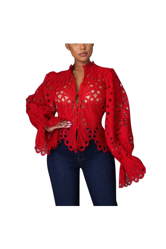 Dyegold Summer Tops for Women 2023, Lace Crochet Blouses for Women Fashion 2023 Casual Tunics Sexy Hollow Out Flare Long Sleeve Tees Shirt V Neck ​Tunic Tops