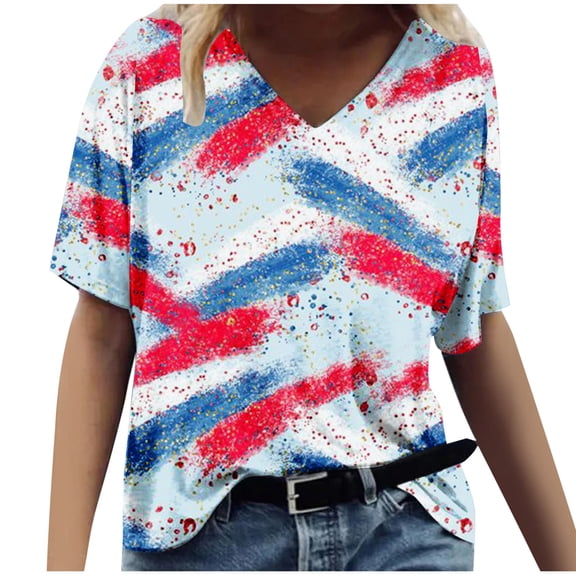 Dyegold Summer Tops for Women 2023, Patriotic Shirts For Women Summer Casual American Flag Tshirt Short Sleeve V Neck Loose Tops Independence Day Blouse