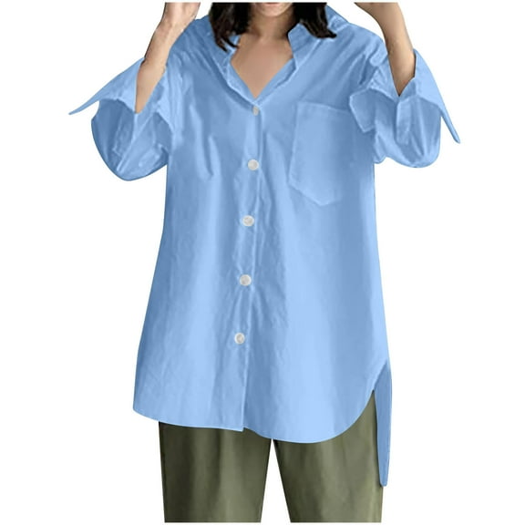 Dyegold Summer Tops for Women 2023, Plus Size Dressy Tops for Women Plus Size Button Down Pocket ​Blouse Loose Casual Work Tops V-Neck Long Sleeve Tshirt
