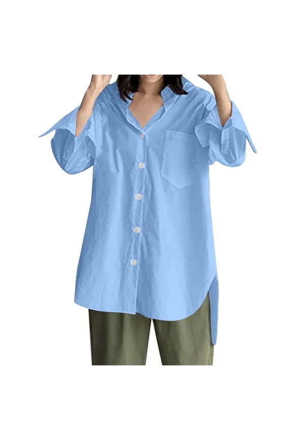 Dyegold Summer Tops for Women 2023, Plus Size Dressy Tops for Women Plus Size Button Down Pocket ​Blouse Loose Casual Work Tops V-Neck Long Sleeve Tshirt