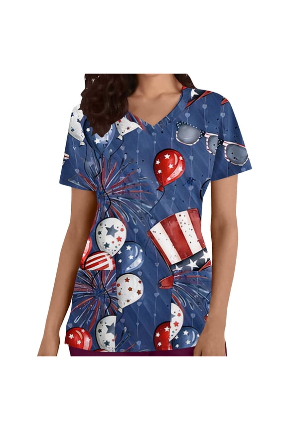 Dyegold Summer Tops for Women 2023, American Flag Scrub Tops Women 4th July Patriotic Shirt Stars Stripes Short Sleeve Work Uniform Nursing Top Tees Blouse