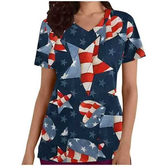 Dyegold Summer Tops for Women 2023, Short Sleeve Henley Shirts Womens Summer Scrubs Top Stretch Uniform Nursing Tunic American Flag 4th July V-Neck ​Blouse