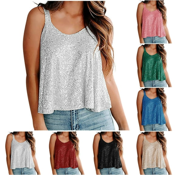 Dyegold Summer Tops for Women 2023, Sparkle Sequin Cami Tank Tops For Women Summer Casual Glitter Embellished Sleeveless Vest Shirts Loose Flowy Club Tanks