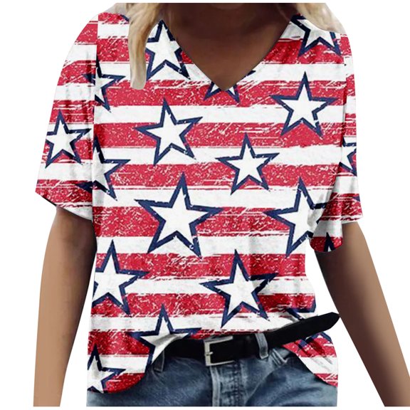Dyegold Summer Tops for Women 2023, Summer 4th July Shirts for Women American Flag Patriotic Tops Casual Loose Henley Shirts Short Sleeve V Neck ​Blouses