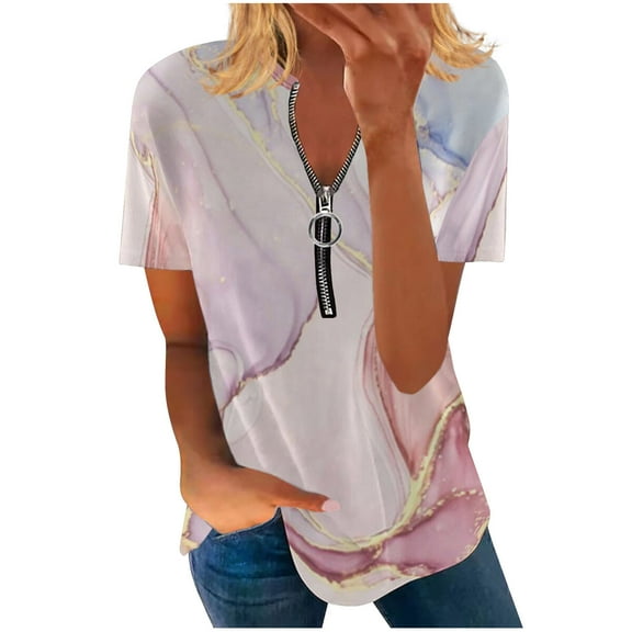 Dyegold Summer Tops for Women 2023 Trendy, 2023 Summer Plus Size Dressy Tops for Women Marble Print Zip Up T-Shirts Short Sleeve V-Neck Blouses Trendy ​Tunics