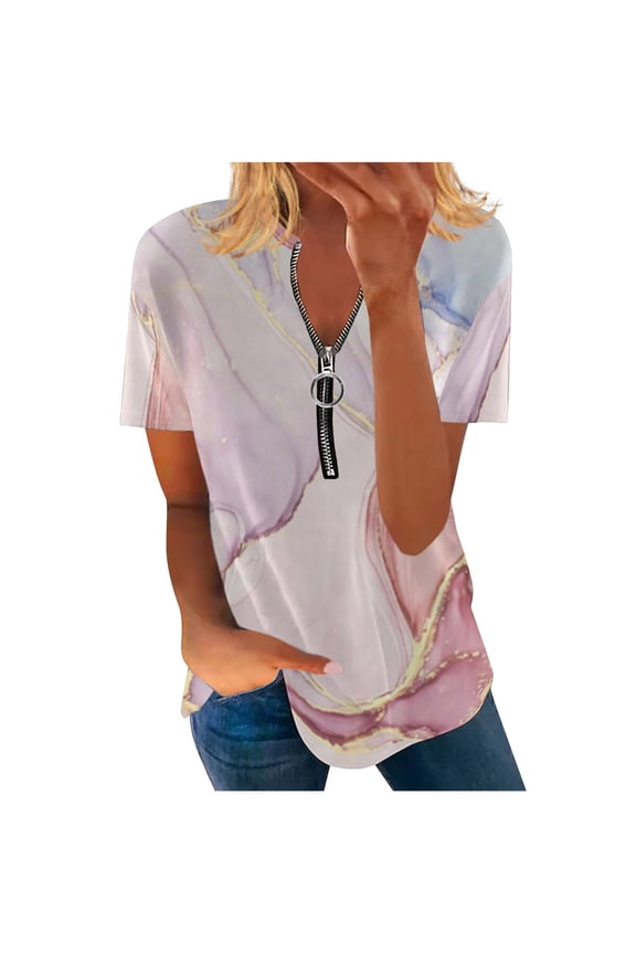 Dyegold Summer Tops for Women 2023 Trendy, 2023 Summer Plus Size Dressy Tops for Women Marble Print Zip Up T-Shirts Short Sleeve V-Neck Blouses Trendy Tunics