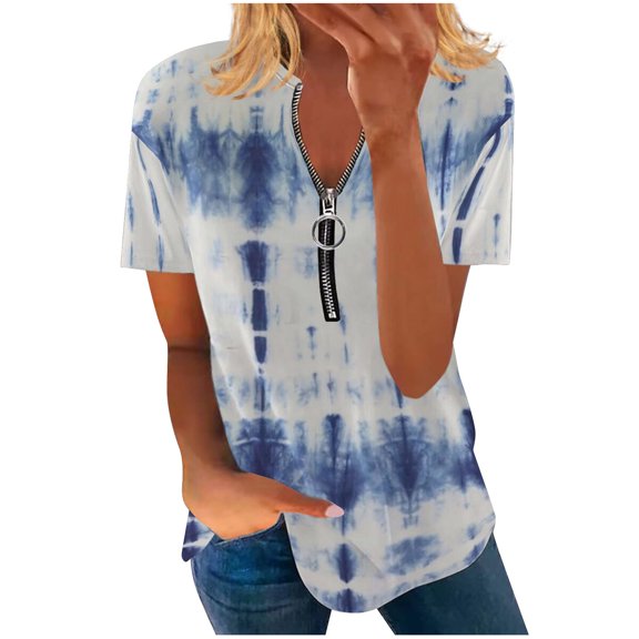 Dyegold Summer Tops for Women 2023 Trendy, 2023 Summer Tops for Women Work Casual Zip Striped Tie Dye Tshirts Short Sleeve V Neck Tunic Tops Casual Basic ​Tops