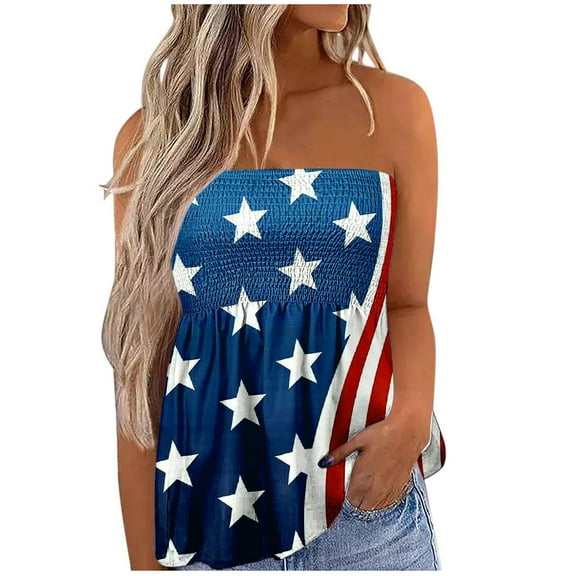 Dyegold Summer Tops for Women 2023 Trendy, Casual Womens Plus Size Tube Tops 4th July Patriotic Strapless Tshirts Sleeveless Off Shoulder Smocked Swing ​Blouse