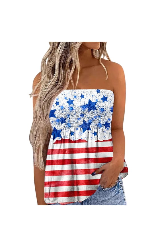 Dyegold Summer Tops for Women 2023 Trendy, Casual Womens Plus Size Tube Tops 4th July Patriotic Strapless Tshirts Sleeveless Off Shoulder Smocked Swing ​Blouse